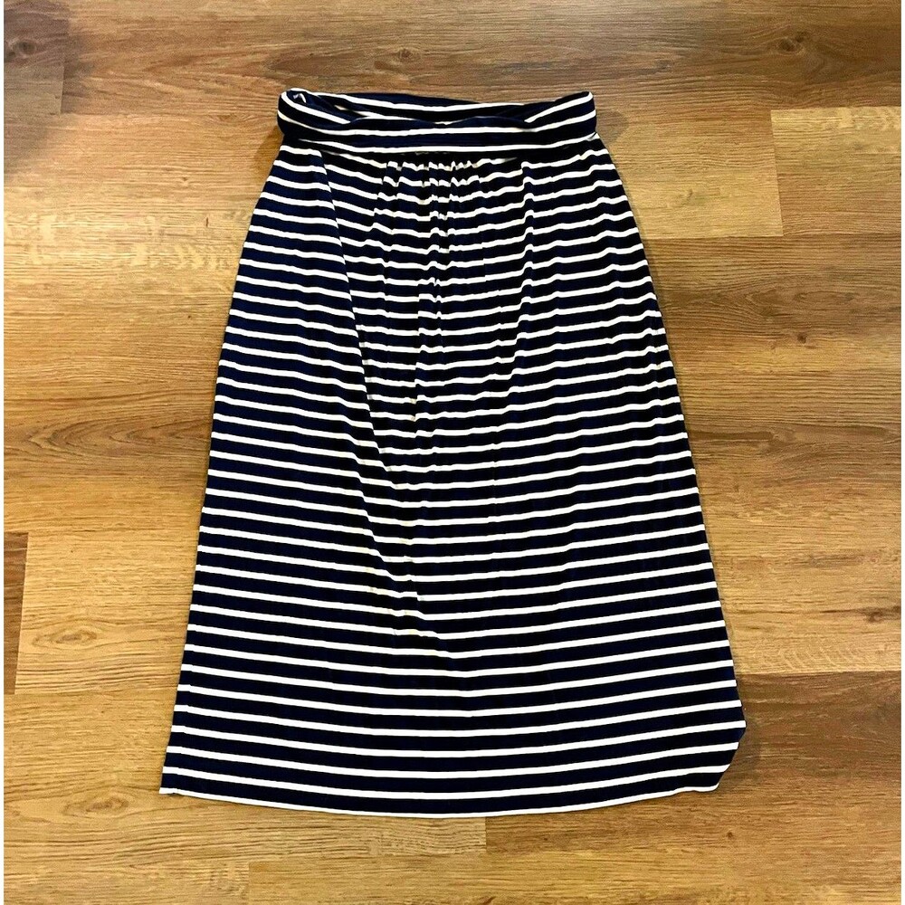 Boden Navy White Striped Cotton Knit A-Line Midi Skirt Pull On Stretch L